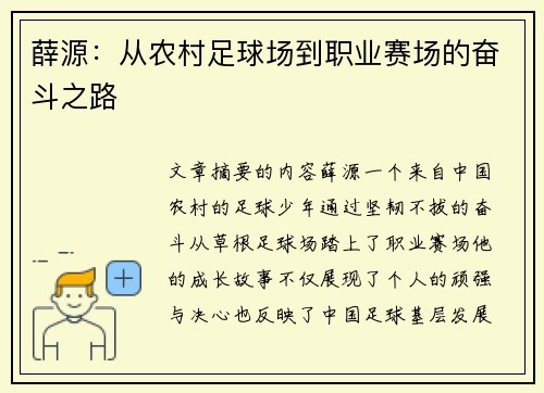 薛源：从农村足球场到职业赛场的奋斗之路